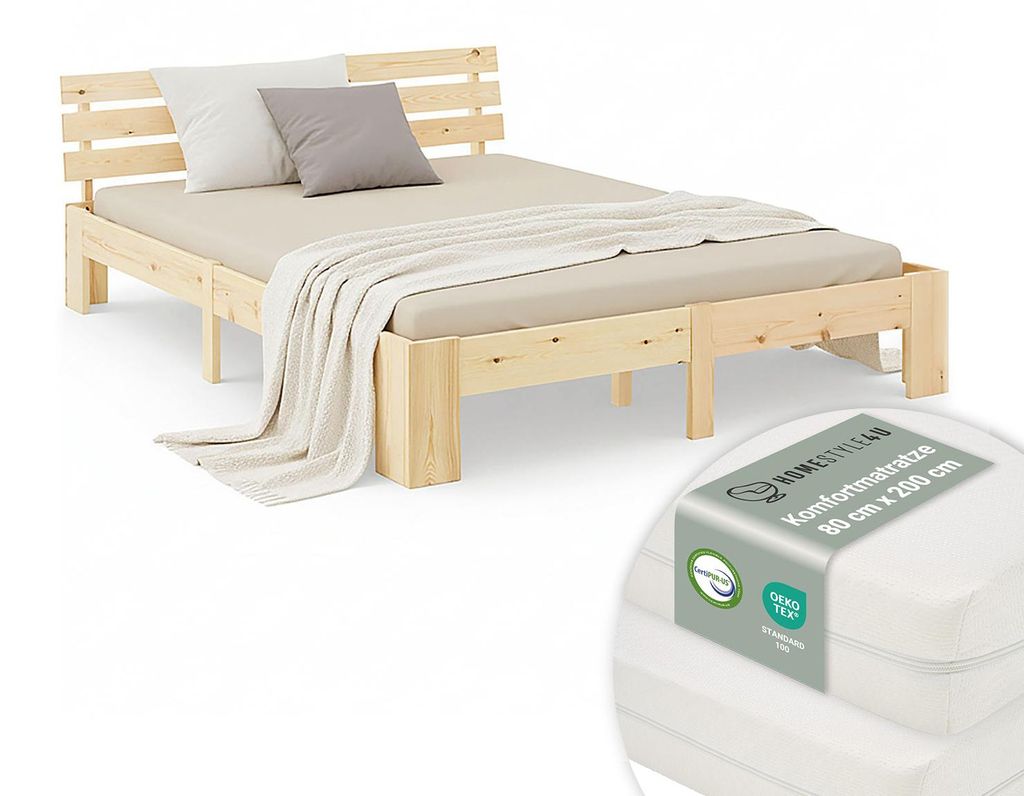Homestyle4u Holzbett 160x200 Doppelbett mit 2 Matratze mit Produktbild 