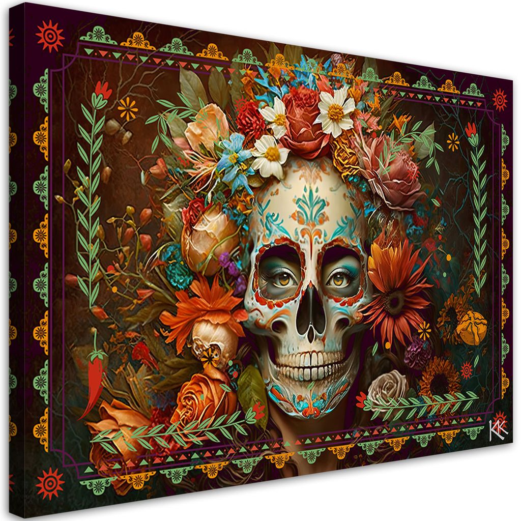 Leinwandbild Bunter Totenkopf mit Blumen 100x70 Feeby Bunt bild für die wand bereit zum aufhängen