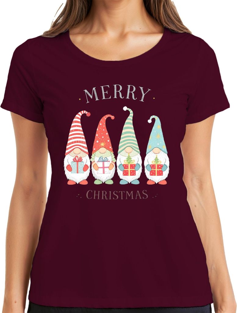 MERRY CHRISTMAS Wichtel Weihnachtswichtel Gnom Geschenke Niedlich Damen T-Shirt, Burgundy, S