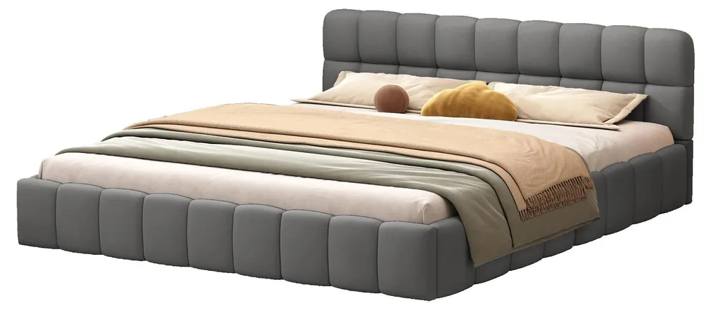 Lit 140x190 cm gris tête de lit moelleuse revêtement naturel chanvre