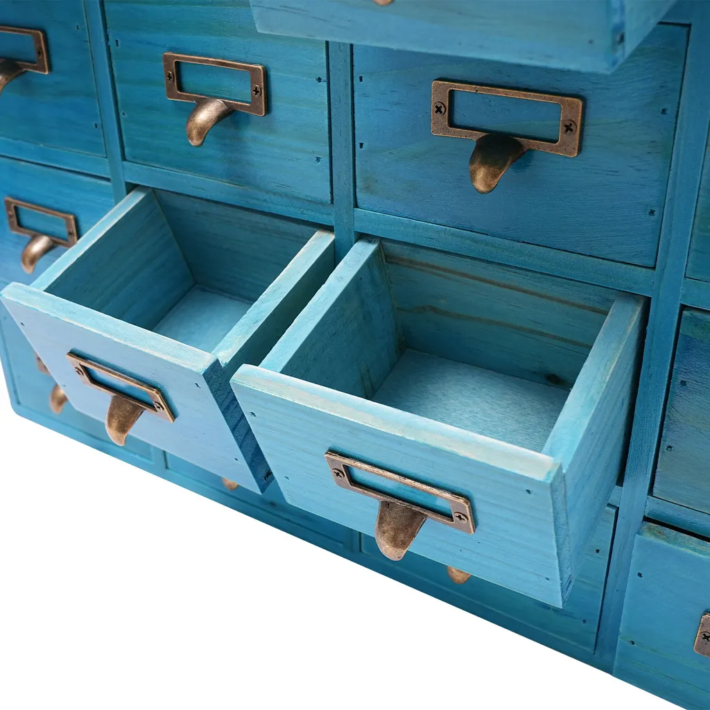 Boîte de rangement bois bleu 16 tiroirs multi-usage format compact - 6