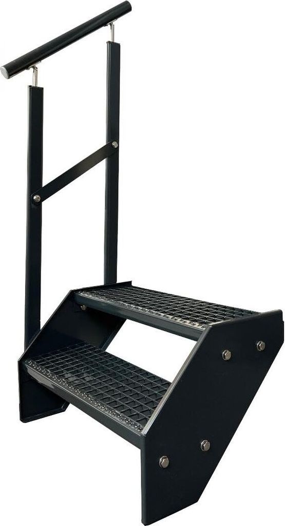 Gitterrost Stahl Wangentreppe 2 Stufen Verzinkt & Anthrazit Pulverlackiert + Geländer Links - (L x B x H) 44cm x 140cm x 38cm