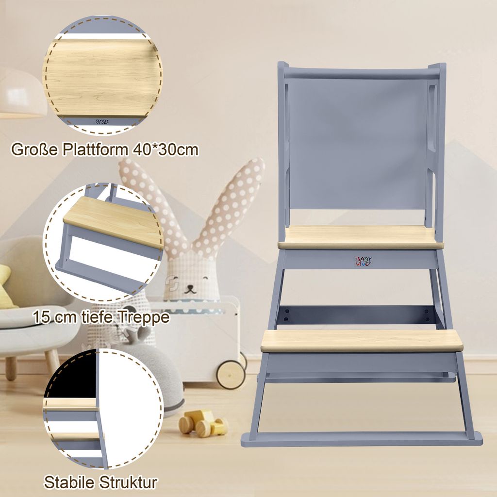 Baby Vivo Lernturm aus Holz - Mit Tafel in Grau Produktbild 7