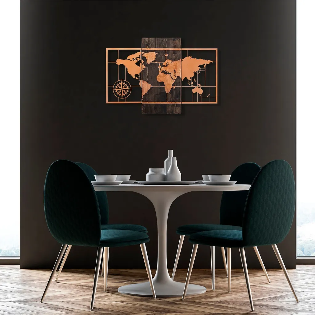 Déco Murale Monde en Relief Bois Noyer 3cm et Métal - Modèle SKL2234 85x58