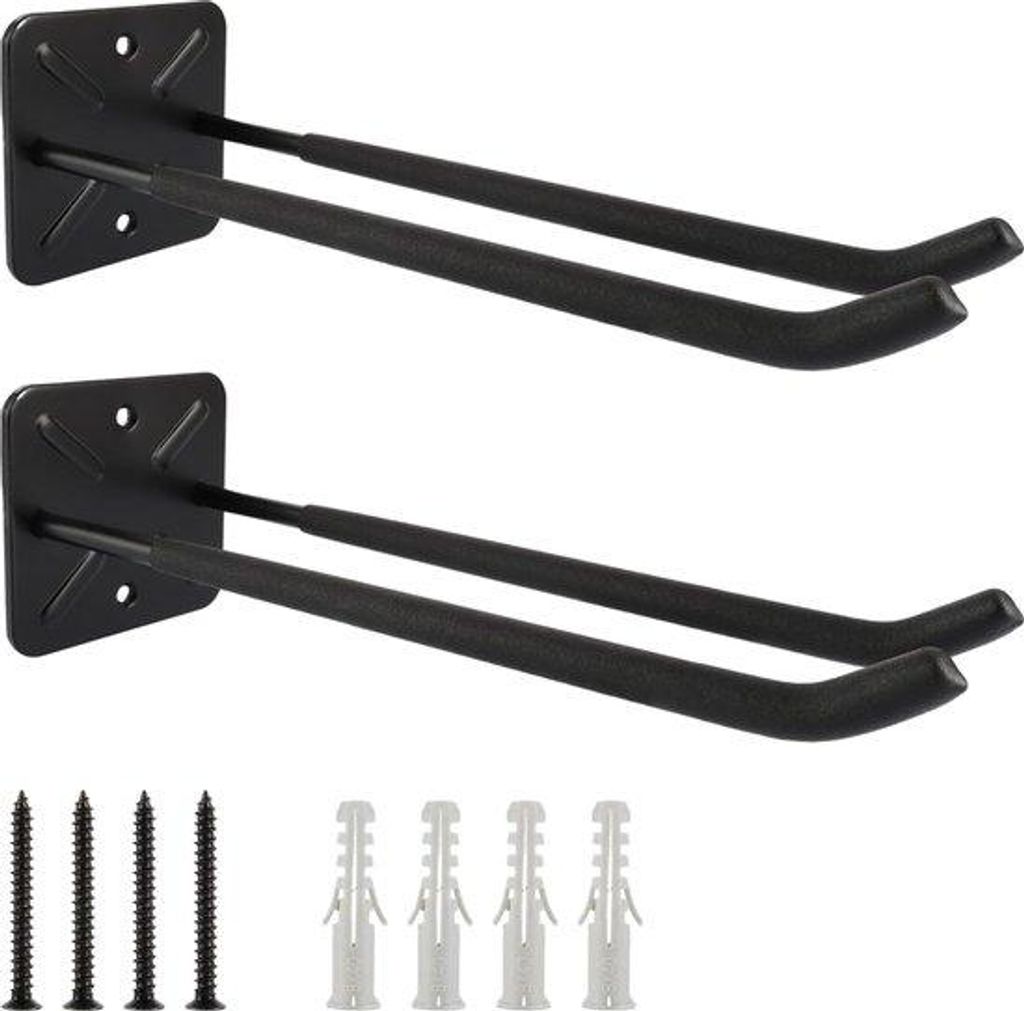 Zwei Schraubhaken für Garage mit Schußhaken 31,5 cm schwarz, schwerlastfähig bis 80 kg, eiserner Haken für Garage, Keller, Schuppen, Fahrrad