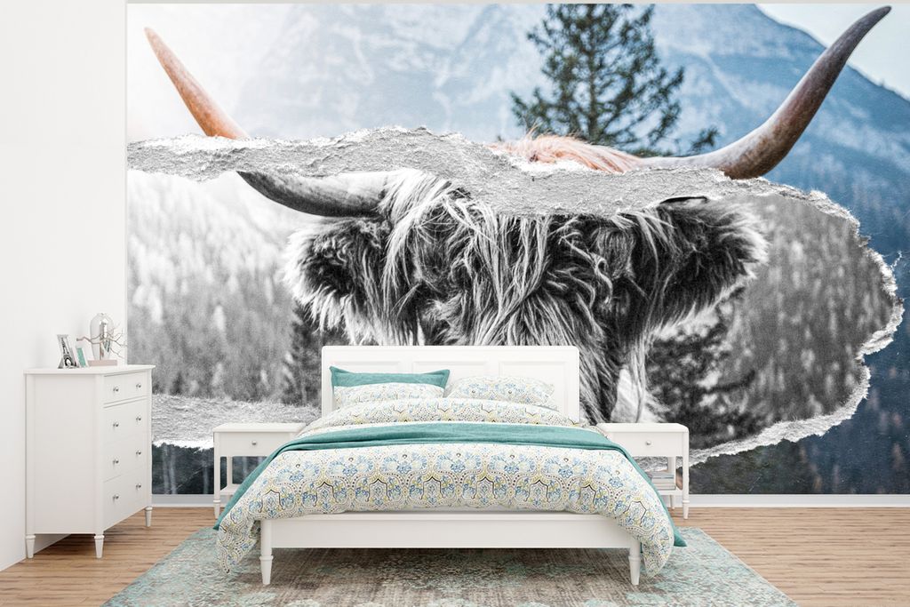 MuchoWow Fototapete für Wohnzimmer oder Schlafzimmer Wandtapete Vinyl Motivtapete Schottischer Highlander - Kuh - Schwarz - Weiß - 295x220 cm -...