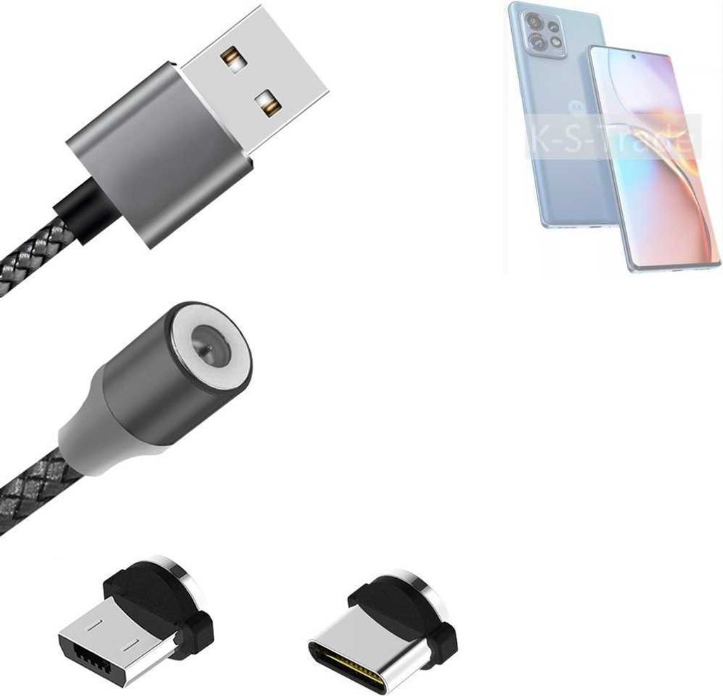 K-S-Trade Hochwertiges Magnet-Lade-kabel Sync-Kabel Daten-Kabel kompatibel mit Motorola Edge 40 Pro mit USB-Typ-C-Anschluss und Micro-USB-Anschluss 2A