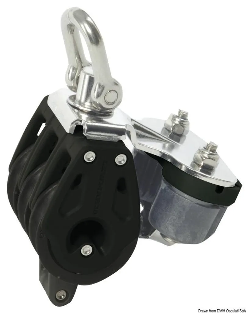 Poulie triple 40mm étrier inférieur et pince à curry inox marine