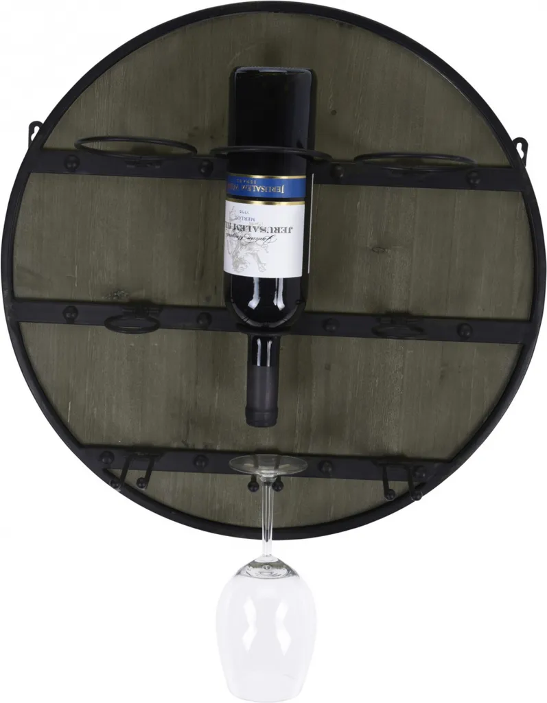 Support bouteille mural avec porte-verre intégré en bois et métal noir