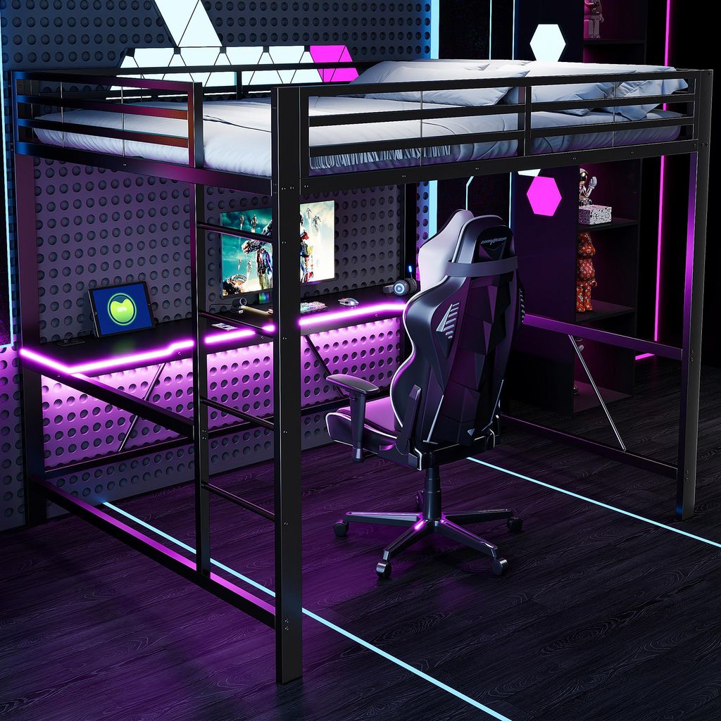 MODFU Hochbett 160x200 Bettgestell mit USB-Ladestation und Schreibtisch,Jugendbett mit LED Beleuchtung,Schwarz,ohne Matratze