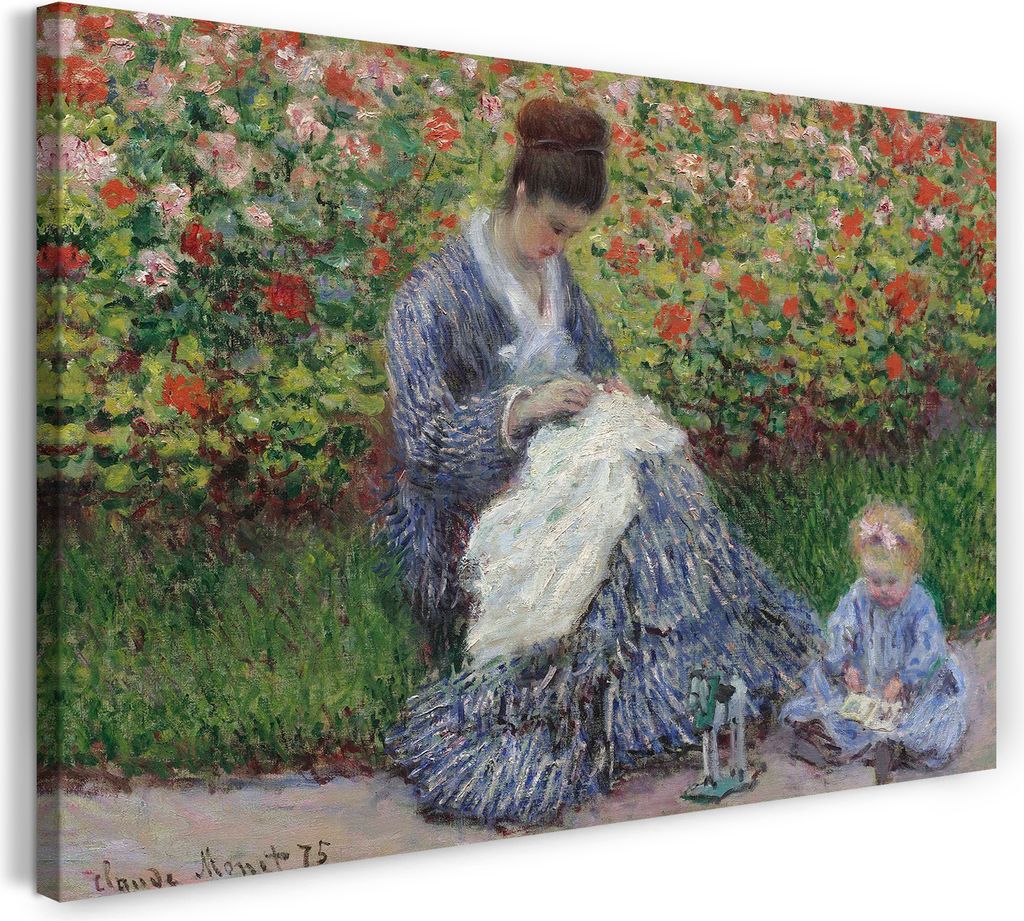 Leinwandbild (100x70cm): Claude Monet - Camille Monet und ein Kind im Garten des Künstlers in Argenteuil, echter Holz-Keilrahmen inkl. Aufhänger,...