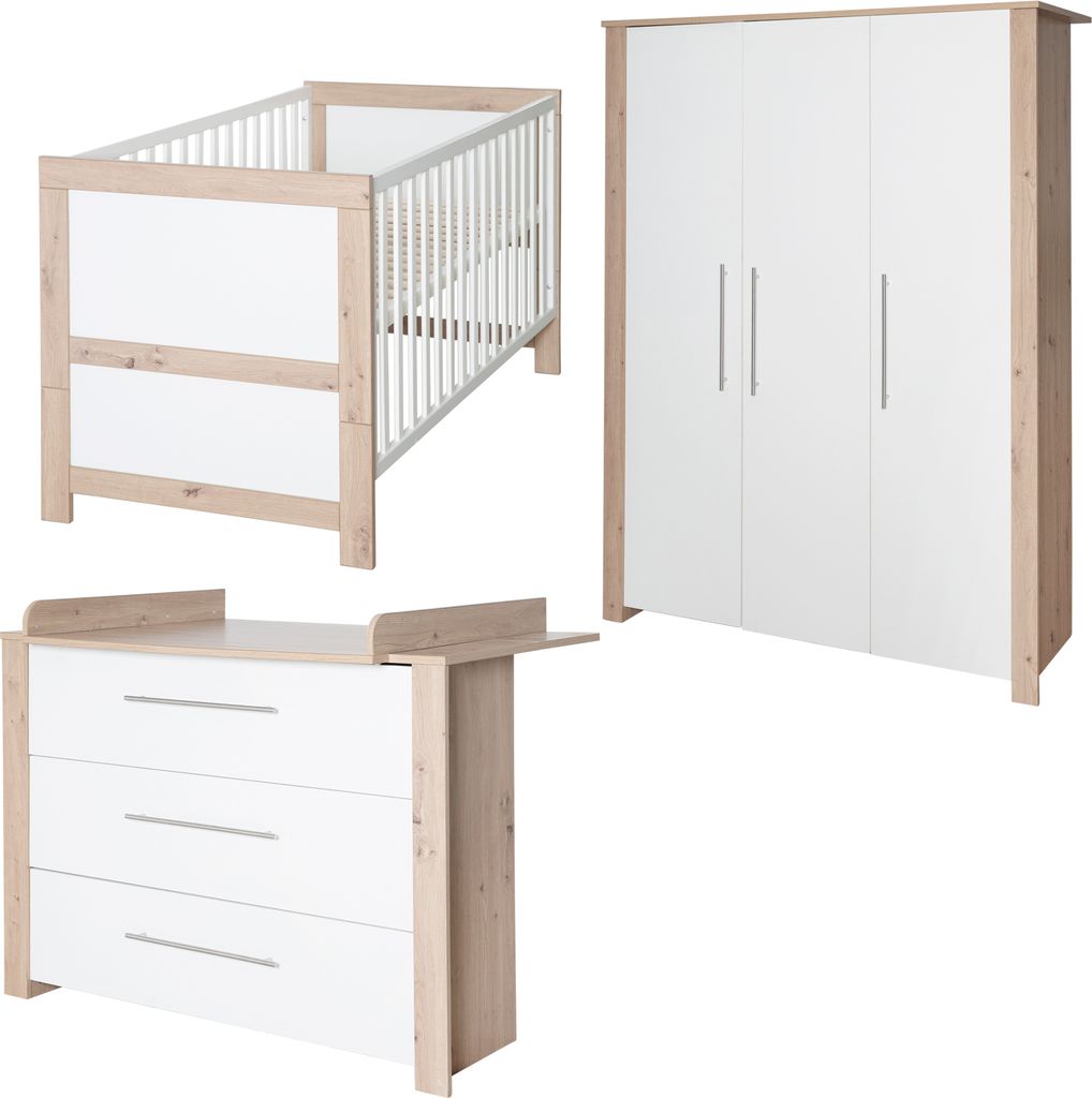 A three-piece nursery furniture set including a crib, a dresser, and a wardrobe, displayed against a white background.