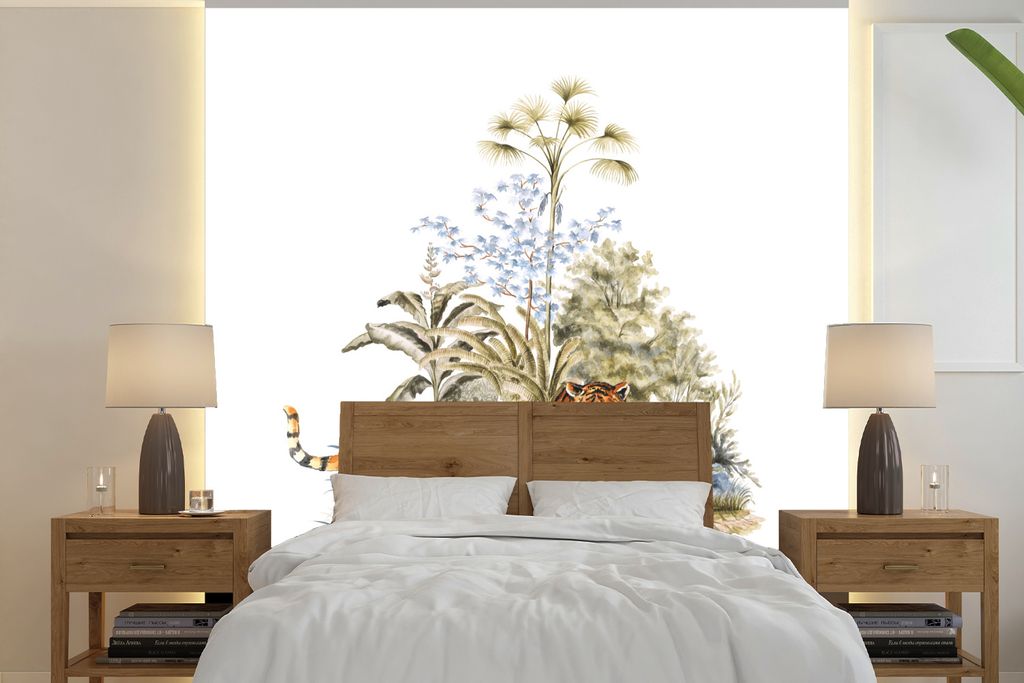 MuchoWow Fototapete für Wohnzimmer oder Schlafzimmer Wandtapete Vinyl Motivtapete Tiger - Malerei - Pflanzen - 220x220 cm - Tapeten