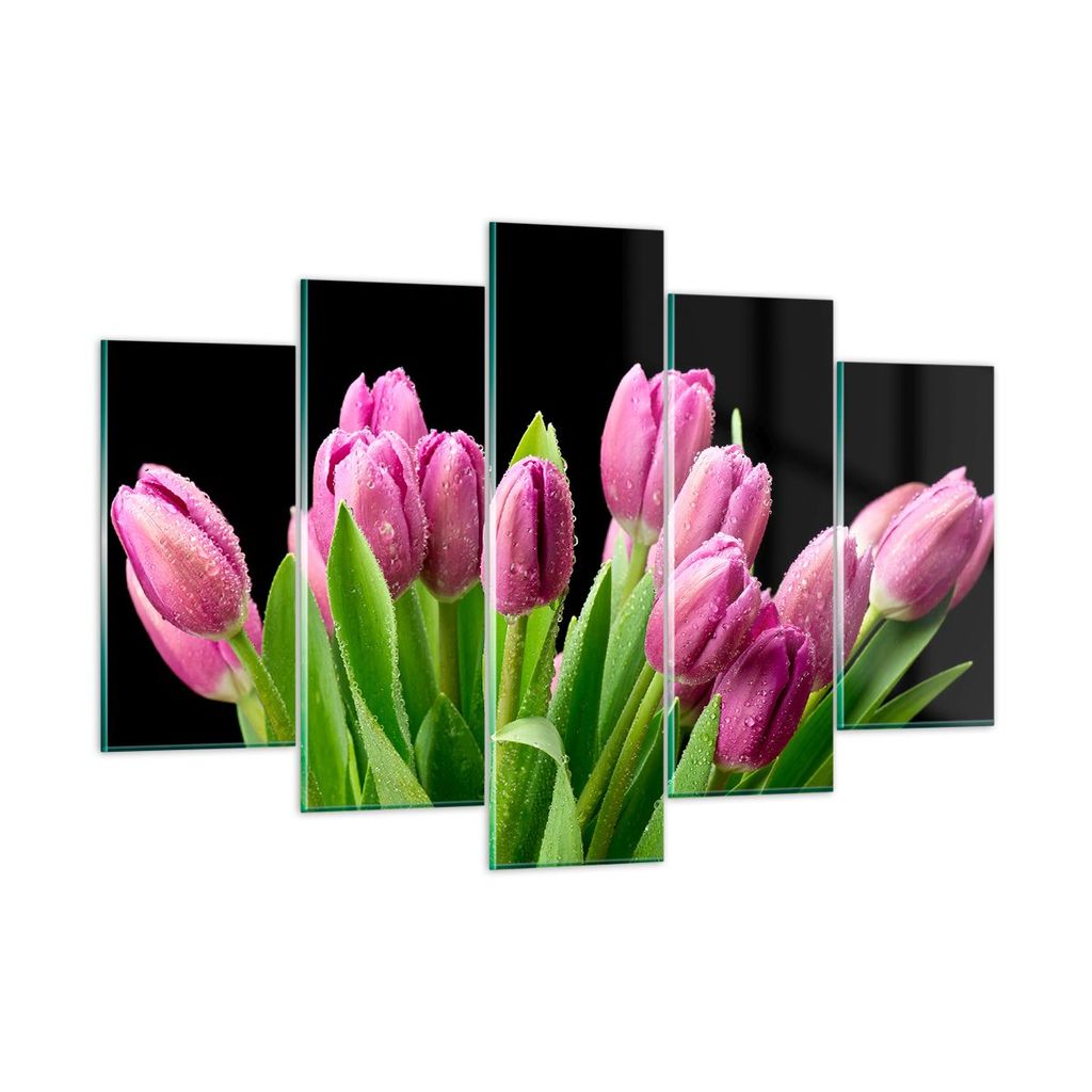 Bilder auf glas - Tulpen Blumenstrauß Tau Tropfen - 150x100cm - Glasbilder - Wandbilder - Kunstdruck - Wanddekoration aus Glas - Glas Bilder - Wan...