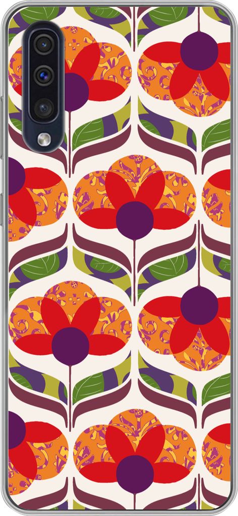 MuchoWow Handyhülle Schutzhülle Hülle für Telefoonhoesje Samsung Galaxy A50 Retro - Flower Power - Vintage - Farben Silikon Softcase Handy H...