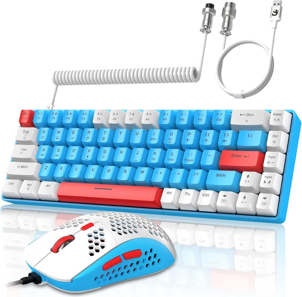 RGB-Gaming-Tastatur und -Maus-Set plus Spiral-USB-C-Kabel, kabelgebundene mechanische, 68 Tasten, kompaktes TKL-Layout, Maus mit Wabenstruktur