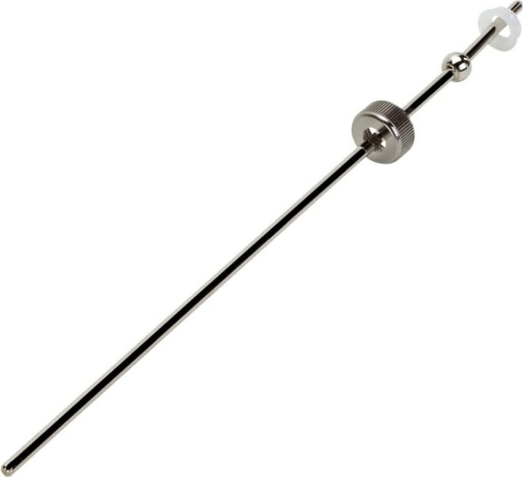 A close-up studio shot of a metal rod with several attachments, isolated on a white background.