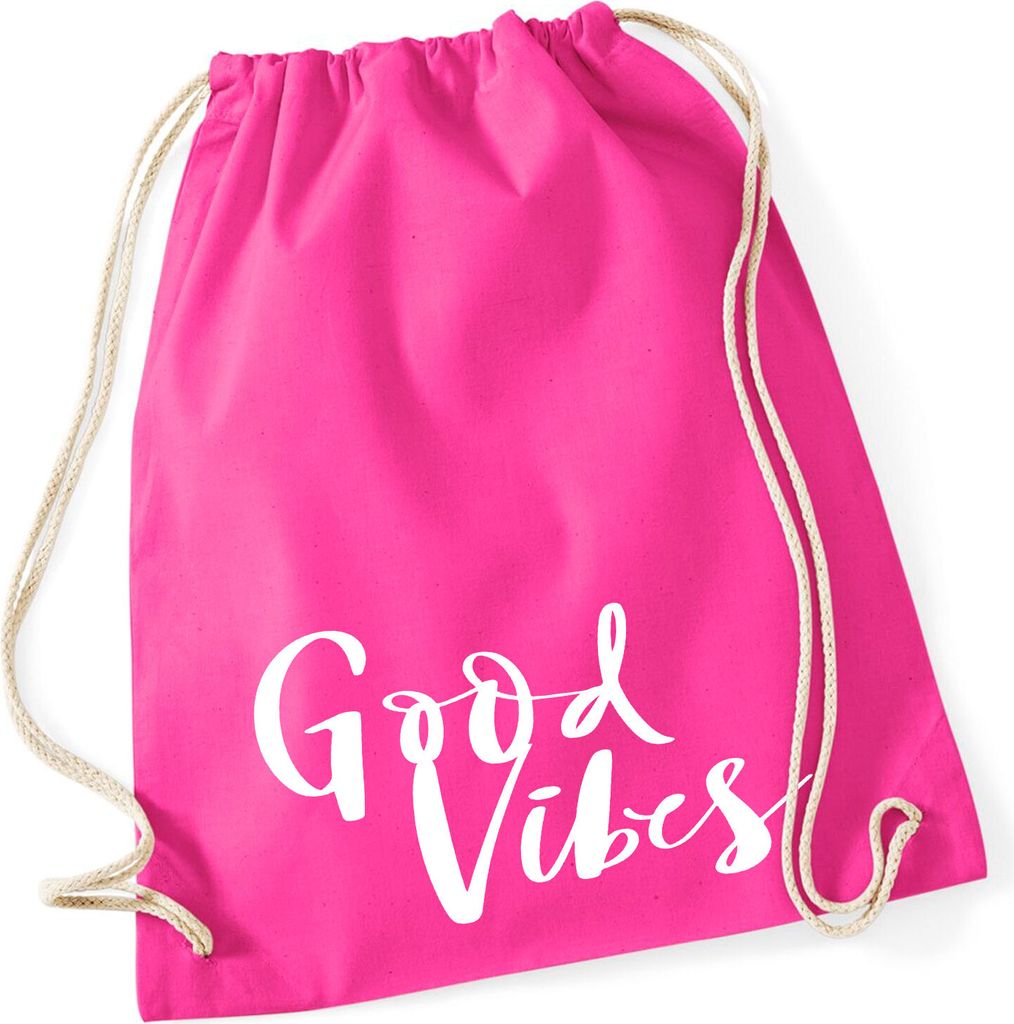 Huuraa Turnbeutel Good Vibes Schriftzug 12 Liter Fuchsia Baumwolle Rucksack Geschenkidee