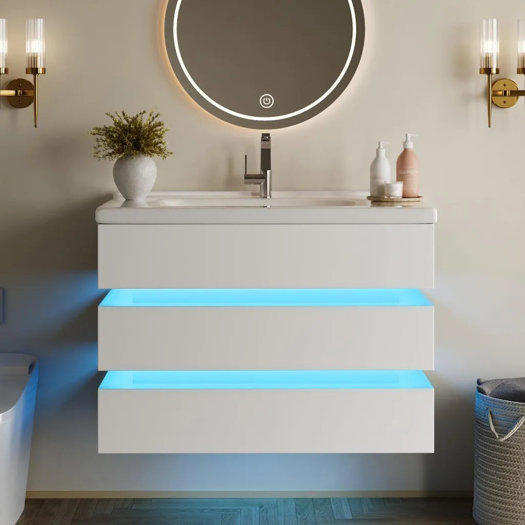 Meuble de salle de bain mural à LED pour petite salle d'eau moderne