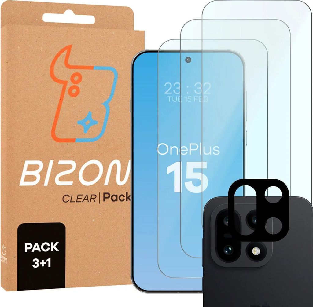 3x Gehärtetes Glas + Kameraschutz für OnePlus 15, Bizon Glass Clear Pack
