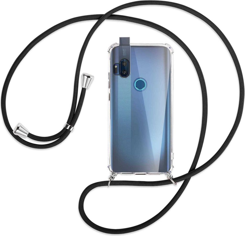 Handykette Backcover-Schutzhülle mit Band (Metall silberfarben) für Motorola One Hyper - schwarz