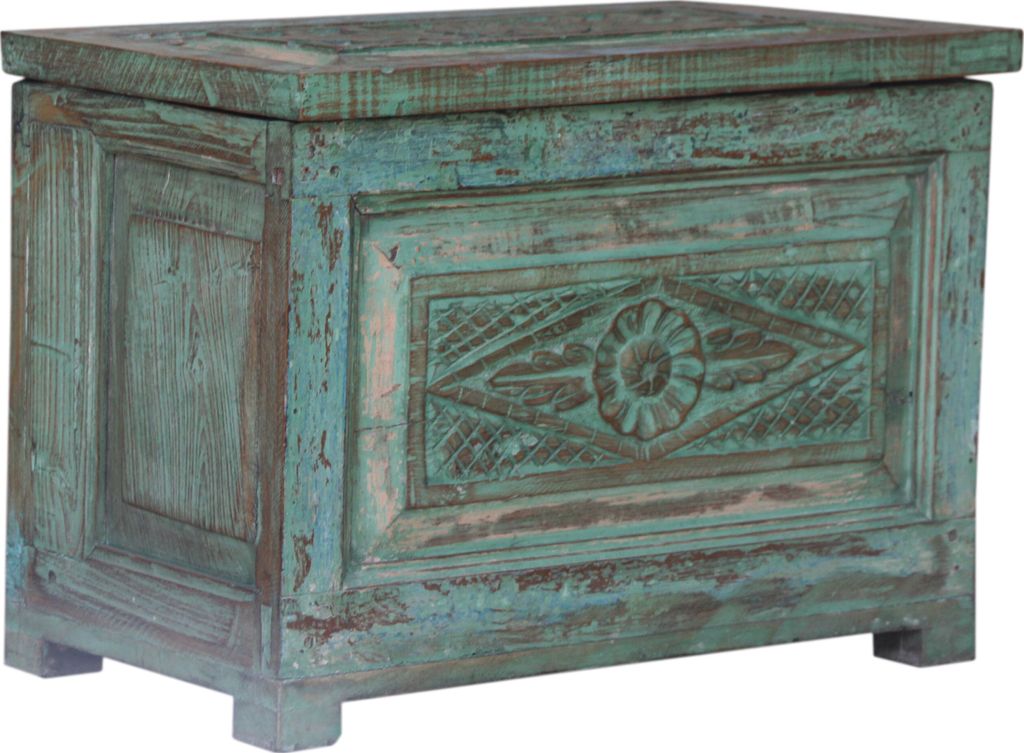 Vintage Holzbox, Holztruhe, Couchtisch, Kaffeetisch aus Massivholz, Verziert - Modell 41, Türkis, 46*54*45 cm, Truhen, Kisten, Koffer