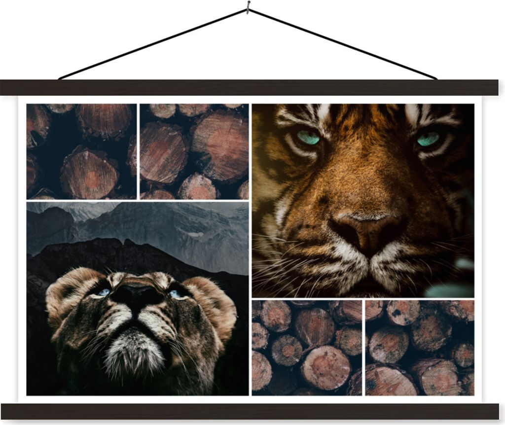 MuchoWow Textilposter Collage - Tiger - Holz 120x80 cm mit schwarzem Rahmen - Wanddeko