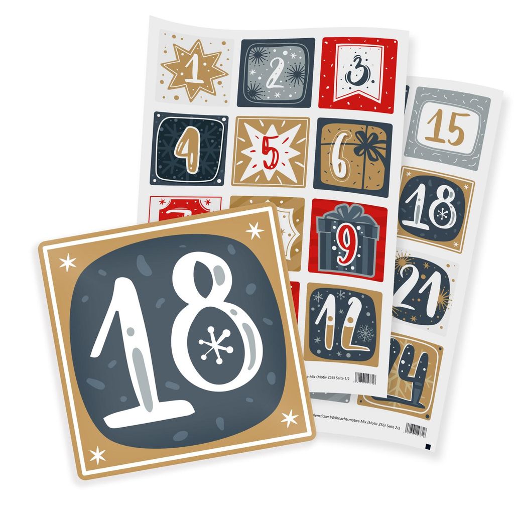 Zahlensticker Z56 Weihnachtsmotive Mix 1-24 Blau / Gold / Rot / Weiß 6 cm