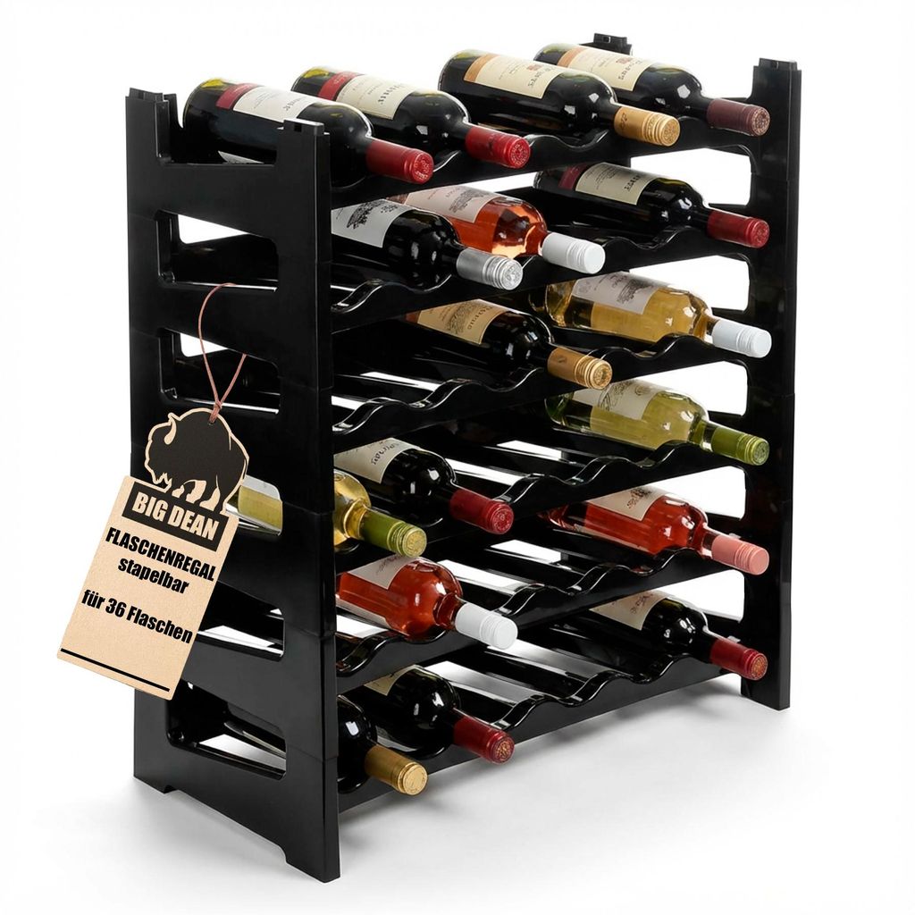 A black plastic wine rack filled with bottles of wine, with a tag hanging from the side.