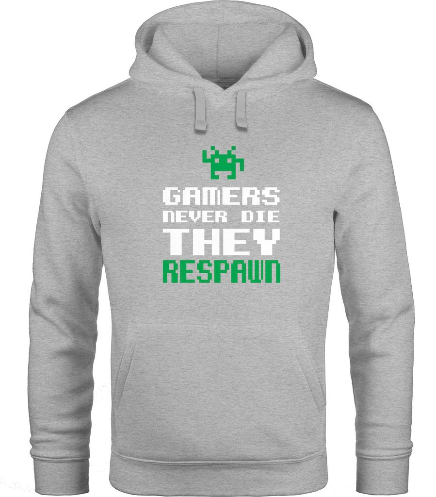 Hoodie Herren Gamers never die they respawn Spruch Pixel Zocker 90er 80er Retro Kapuzen-Pullover Moonworks grau 4XL