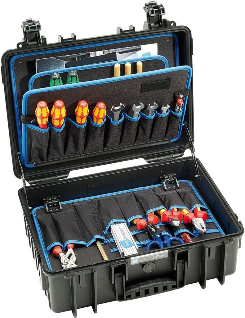 An open black tool case with various tools neatly organized inside.