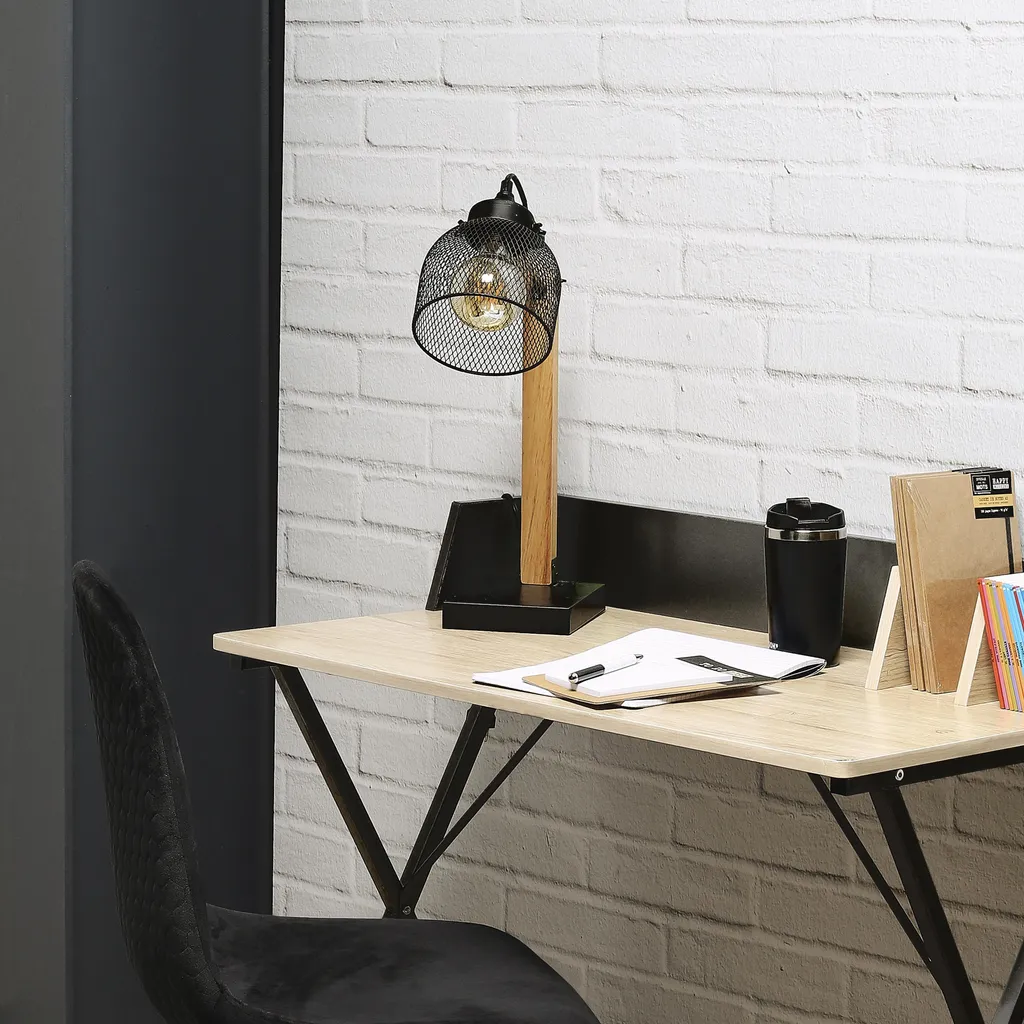 Luminaire de table en métal noir et bois pour décoration intérieure