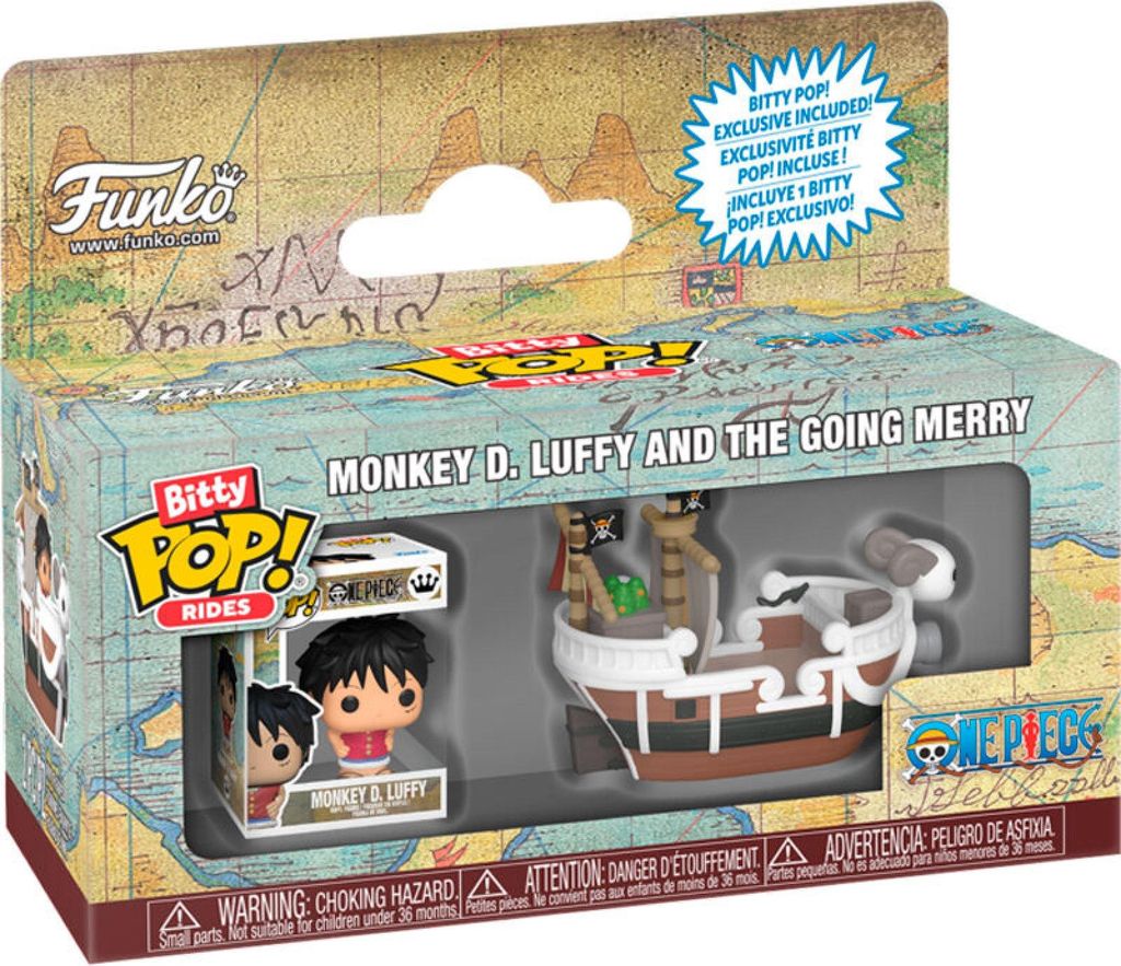 The image shows the retail packaging for a Funko Bitty POP! Rides figure set featuring Monkey D. Luffy and the Going Merry from One Piece.