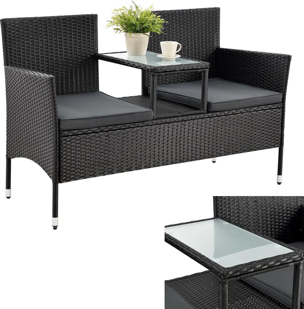 A black polyrattan garden bench with gray cushions and a small integrated table.