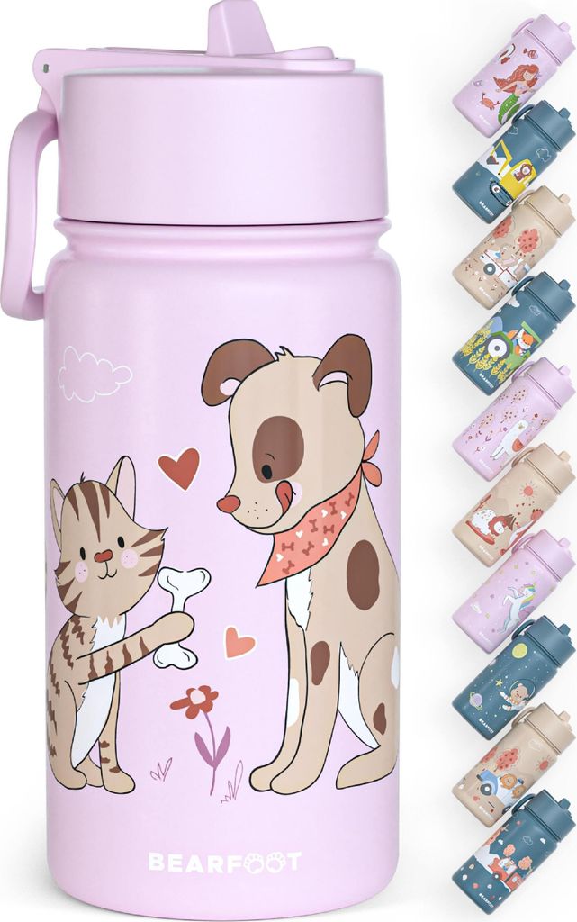 Trinkflasche Kinder Edelstahl mit Strohhalm, Thermosflasche 400ml - BPA frei, auslaufsicher, Kleinkinder, Mädchen & Jungen - Hund&Katze lila