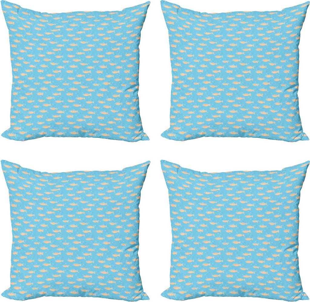 ABAKUHAUS Fisch Kissenbezug Set (4 Stück), Hand gezeichnete Art Flock, Moderner Doppelseitiger Digitaldruck, 45 cm x 45 cm, Blassblau Weiß