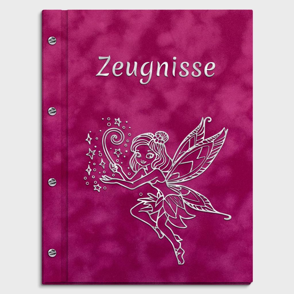 Zeugnismappe in pinker Samtoptik mit silbernem Fee-Motiv - inkl. 12 Hüllen