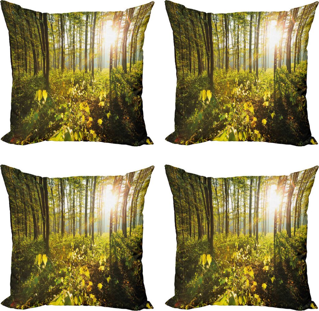 ABAKUHAUS Wald Kissenbezug Set (4 Stück), Sonnenstrahlen Woods Laub, Moderner Doppelseitiger Digitaldruck, 60 cm x 60 cm, Grün, Gelb, Braun