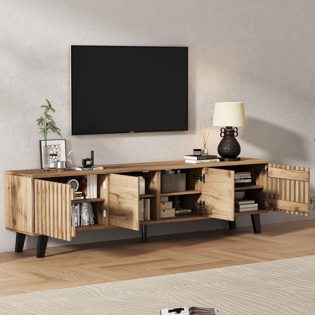 STILVORA TV-Schrank mit 8 unterteilte Ablagefächer,TV-Ständer für 70-Zoll-Fernseher,Lowboard mit offene Plattform für Wohnzimmer,Natur