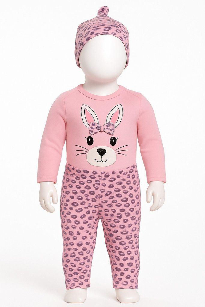 Mädchen Outfit, 3er Set, Body, Hose, Mütze, 100 % Baumwolle, Rosa, Größe: 68-74