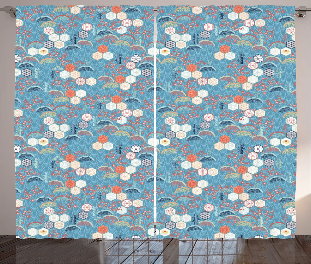 Grand Rideau de Salon Universel à Motif Ethnique et Fleurs Bleu 280x225