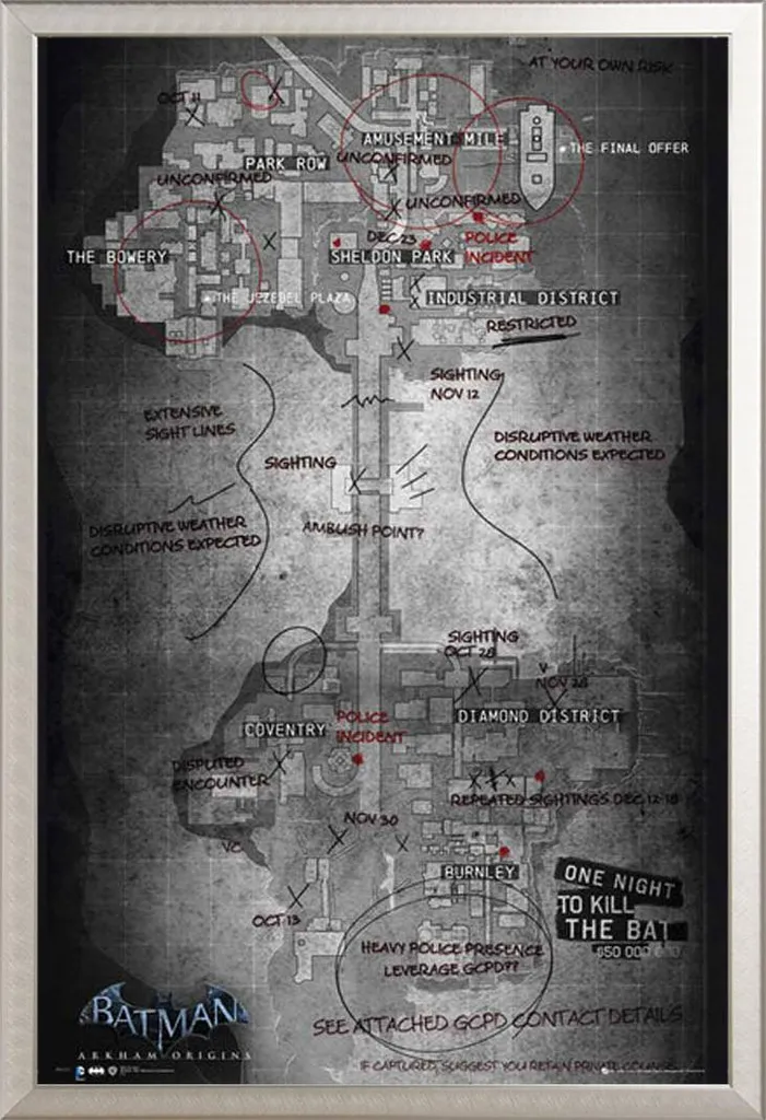 Batman - Poster - Arkham Origins - Mappa + cornice rimovibile, Shinsuke® Maxi alluminio argento, vetro acrilico