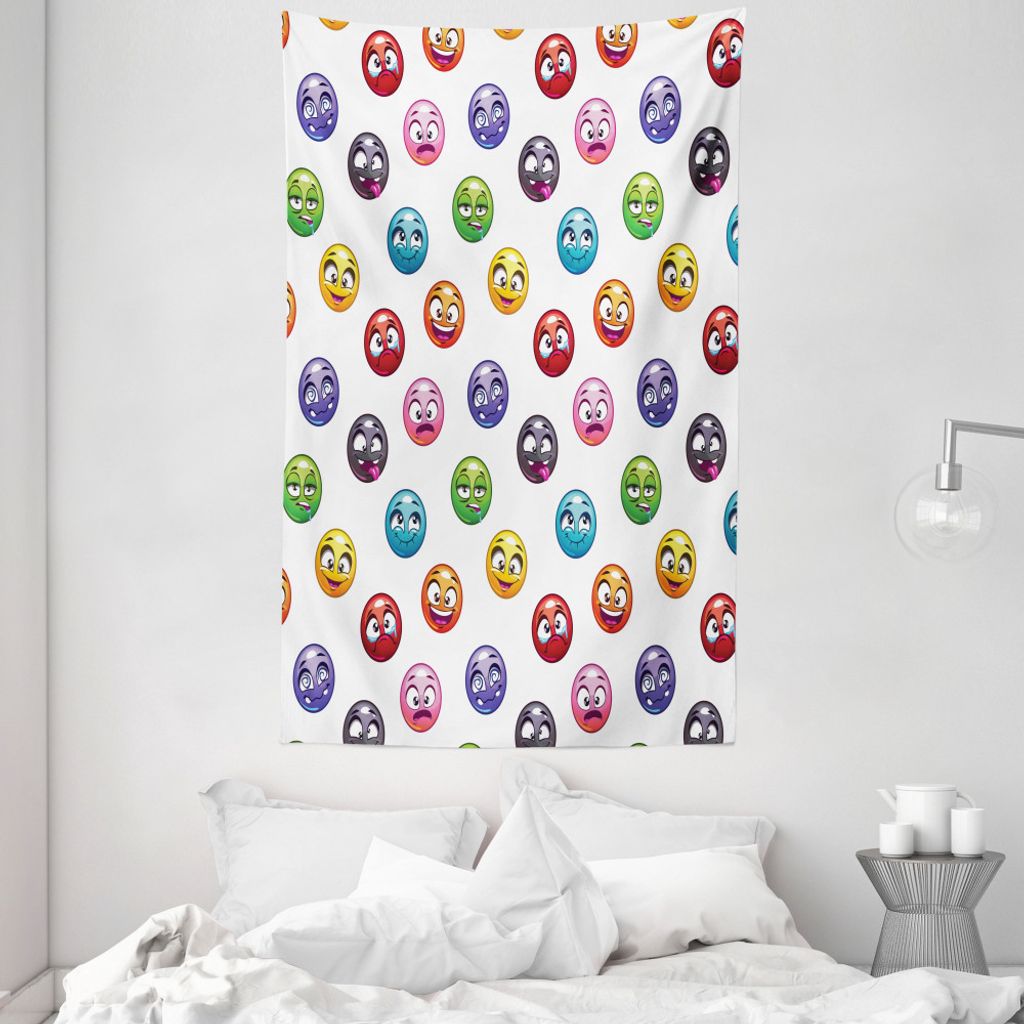 ABAKUHAUS emoji Wandteppich und Tagesdecke, Verschiedene Cartoon Faces aus Weiches Mikrofaser Stoff Waschbar ohne Verblassen Digitaldruck, 140 x 23...