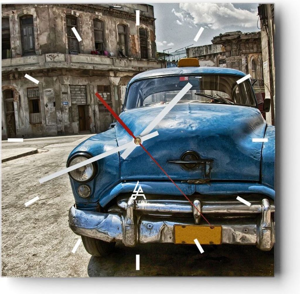 Wanduhr - Quadrat - Glasuhr - Auto Retro Kuba Havanna - 30x30cm - Schleichendes Uhrwerk - Lautlos - zum Aufhängen bereit - Dekoration Modern - Wan...