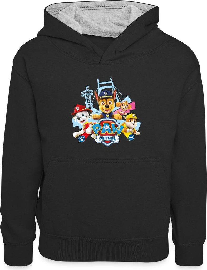 Spreadshirt Paw Patrol Logo Kinder Kontrast-Hoodie, XS (3/4 years), Schwarz/Grau meliert