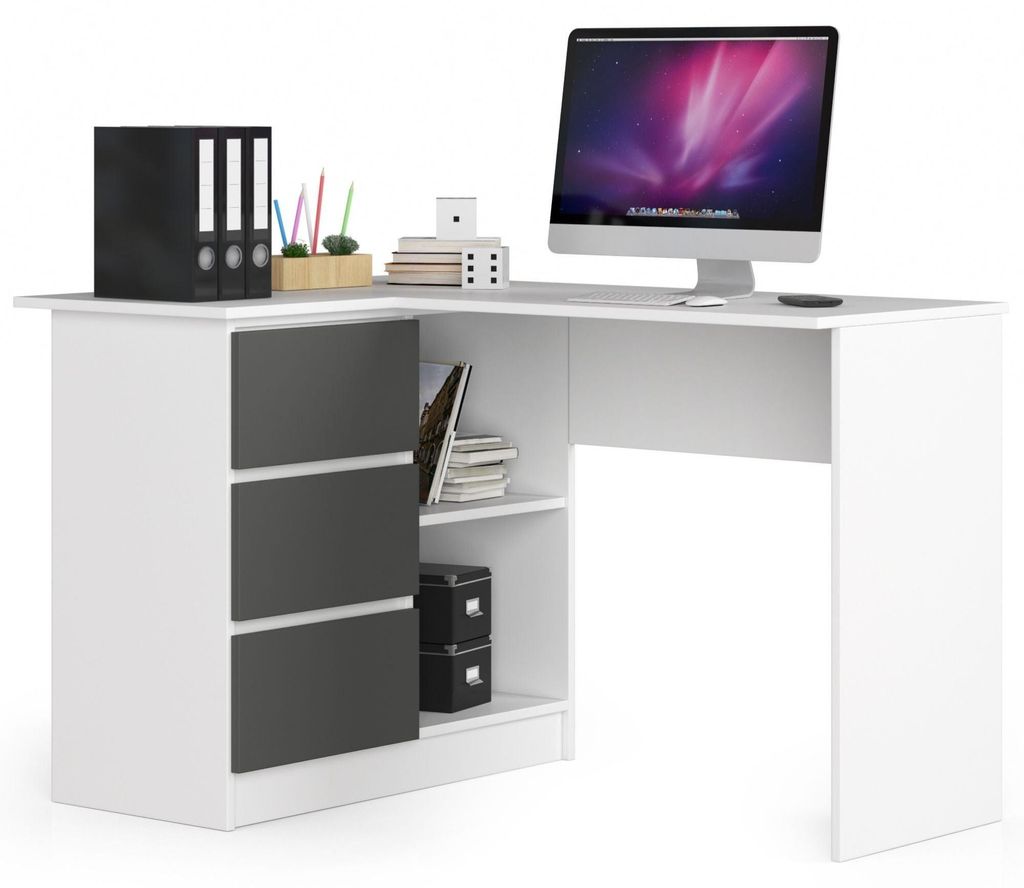 Eckschreibtisch 124cm mit 3 Schubladen L-Form Computertisch Eckschrank 2 Fächer