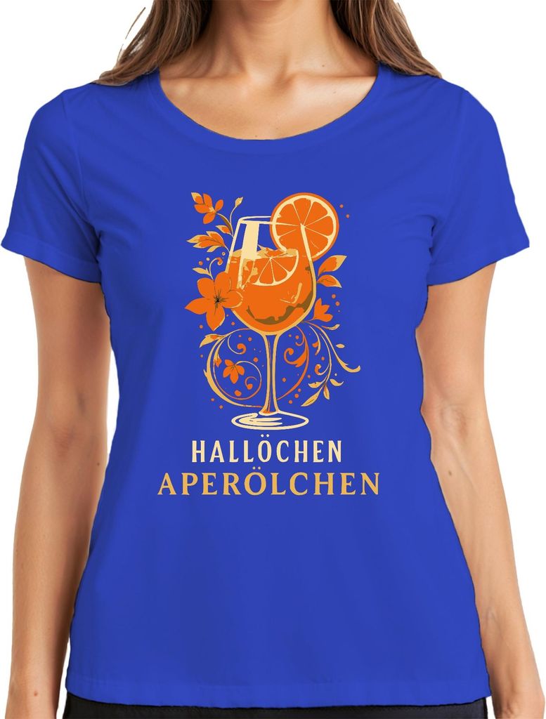 Hallöchen Aperölchen Aperol Spritz Sommerdrink Orange Cocktail Damen T-Shirt, Blau, L