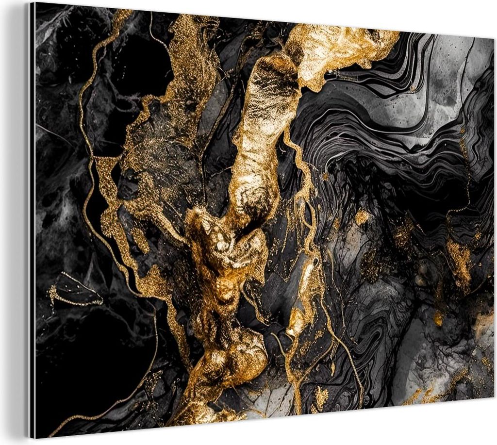 MuchoWow Wanddekoration Metall Metallbild Wandkunst 120x80 cm Marmor - Schwarz - Gold - Abstrakt MuchoWow Aluminium Gemälde - Alu Bild