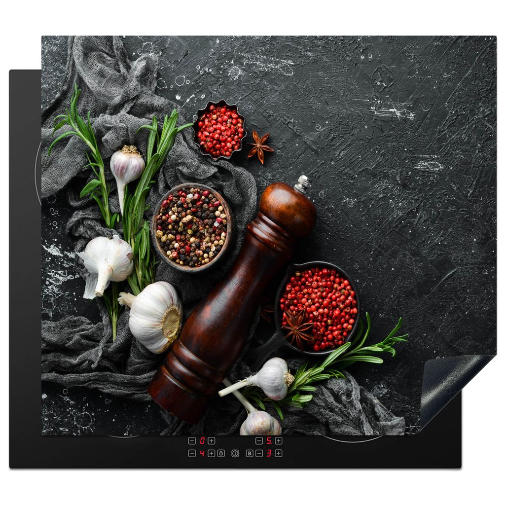 KitchenYeah Herdabdeckplatte Kräuter - Paprika - Knoblauch - Beton , 57x51cm, Küche Deko, Glaskeramikkochfeld Herdabdeckung, Abdeckplatte fùr ...