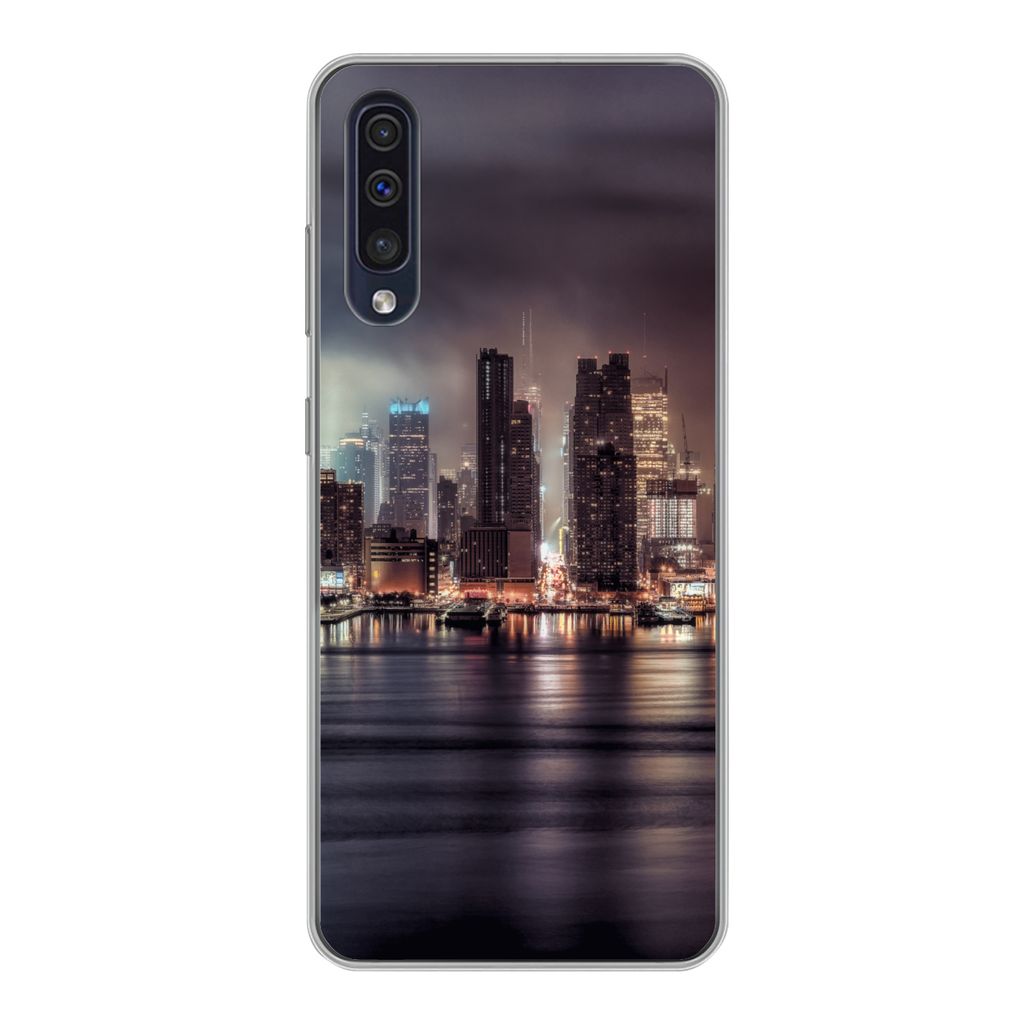 MuchoWow Handyhülle Schutzhülle Hülle für Samsung Galaxy A30s New York - Sturm - Skyline Silikon Softcase Handy Hülle - Karteninhaber